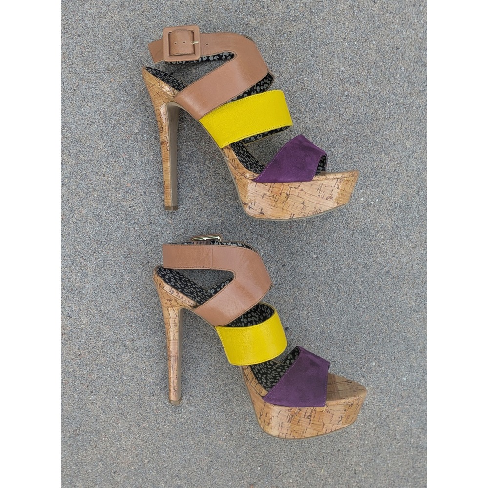 Jessica Simpson Ericka Colorblock Cork Platform Sandals Purple Yellow Tan 9.5B